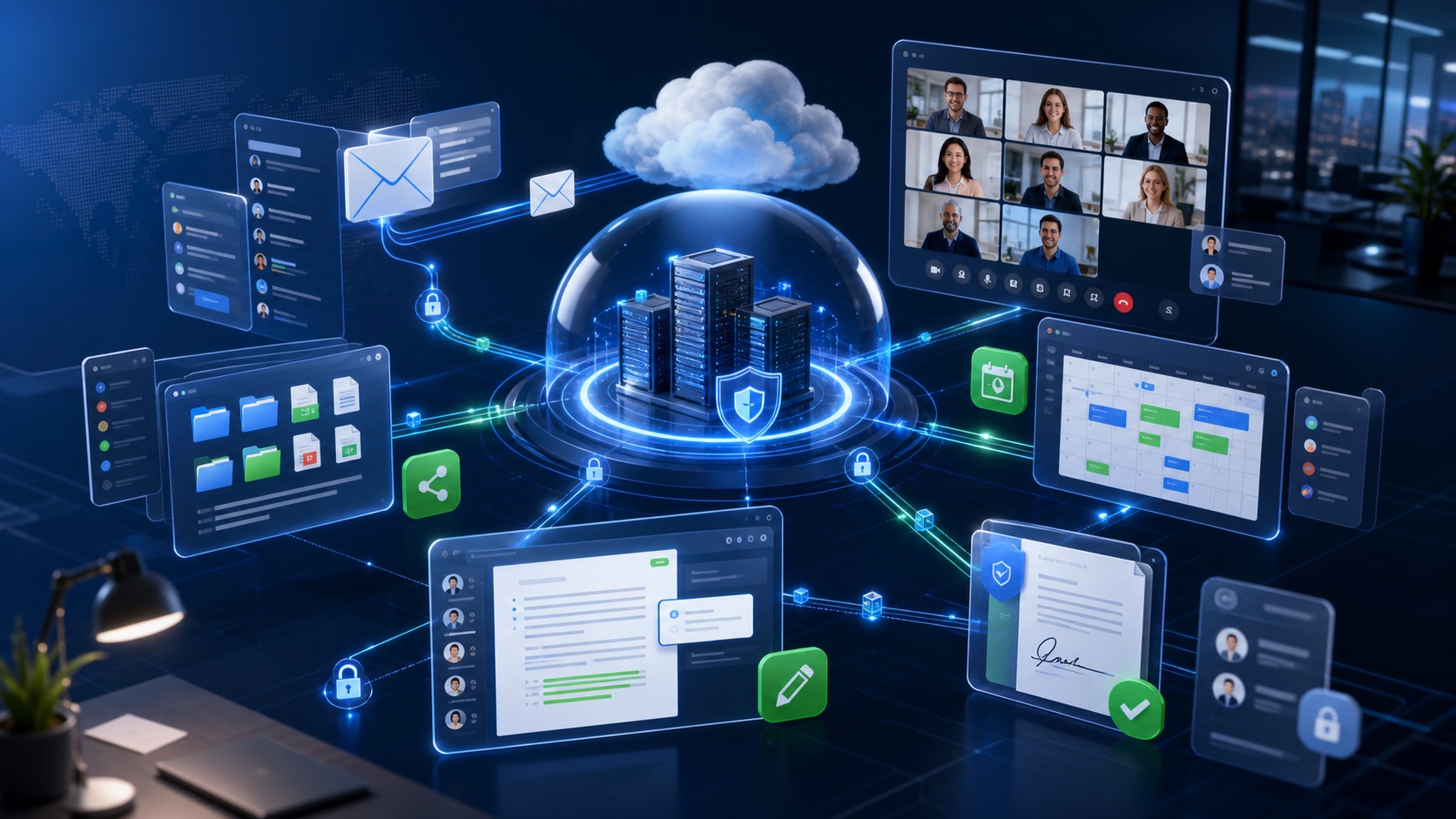 Secure enterprise communication and productivity infographic with email, files, calendar, meetings, co-editing, and approvals