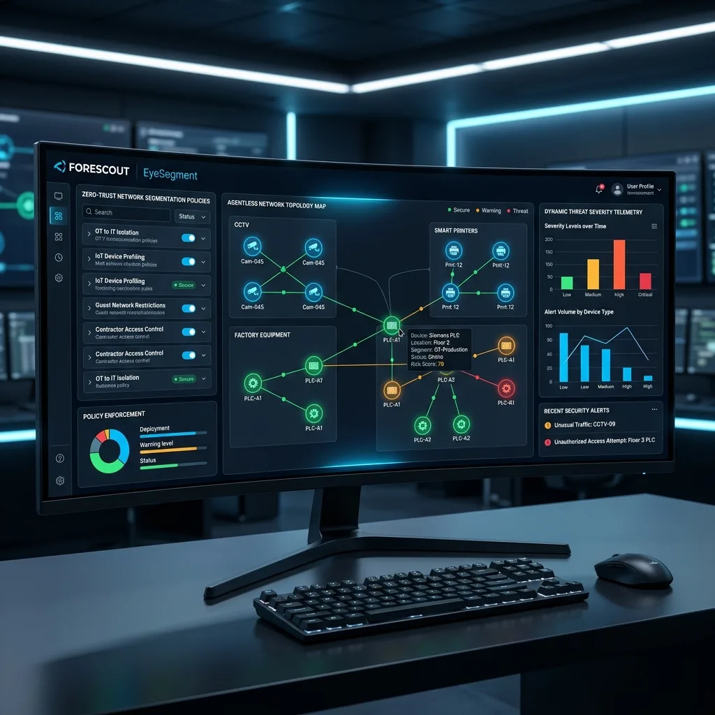 Forescout network visibility console displaying agentless device map topology, connected IoT/OT endpoints, zero-trust policies, and threat telemetry