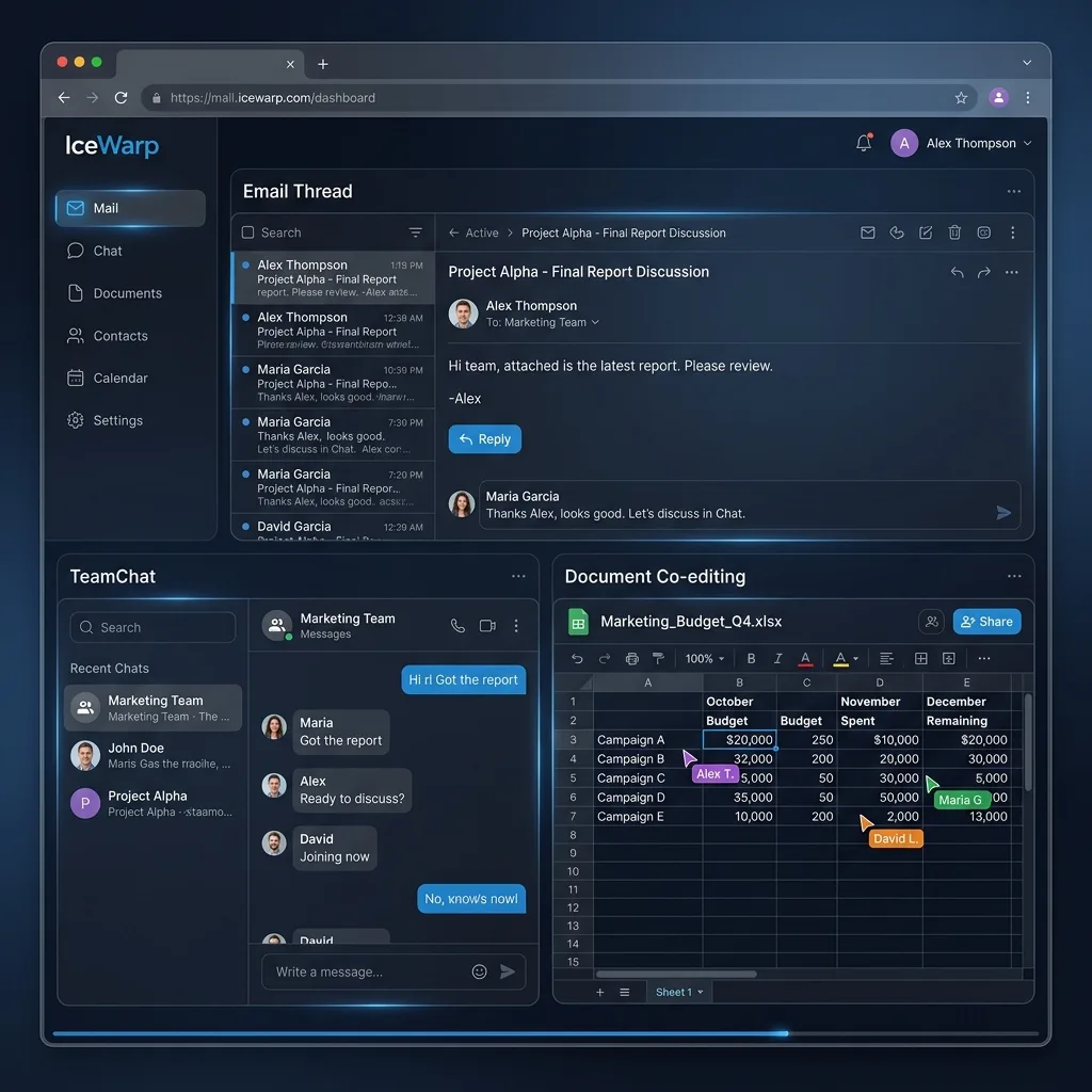 IceWarp Enterprise Email web client dashboard displaying collaborative inbox, TeamChat sidebar, and inline document budget co-editing