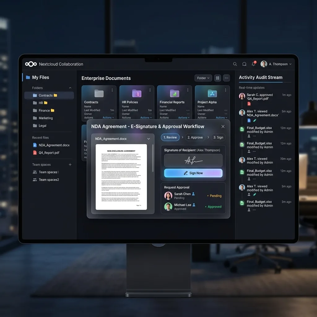 Nextcloud Collaboration workspace displaying structured file explorer, e-signature workflow modal, and real-time activity stream