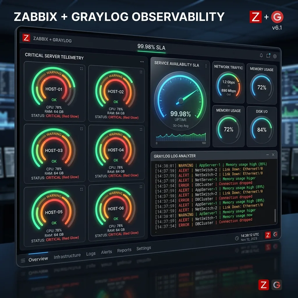 ZABBIX + Graylog Observability NOC console dashboard displaying glowing telemetry host rings, 99.98% SLA dials, and streaming Graylog log analyzer terminal