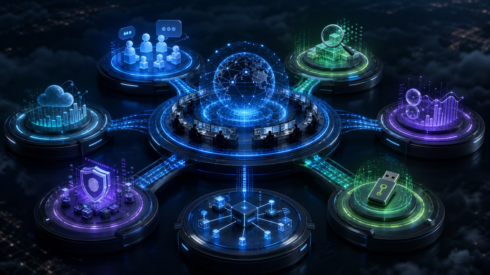 Managed products constellation infographic with communication, search, observability, security, and key management pods