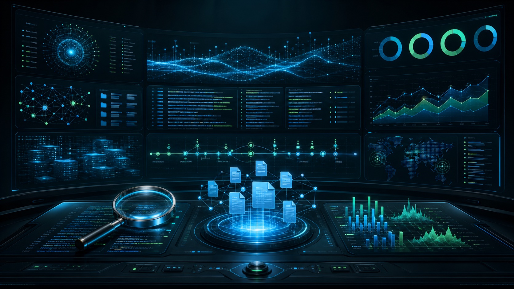 Observability infographic with metrics, logs, alert timelines, and SLA dashboards