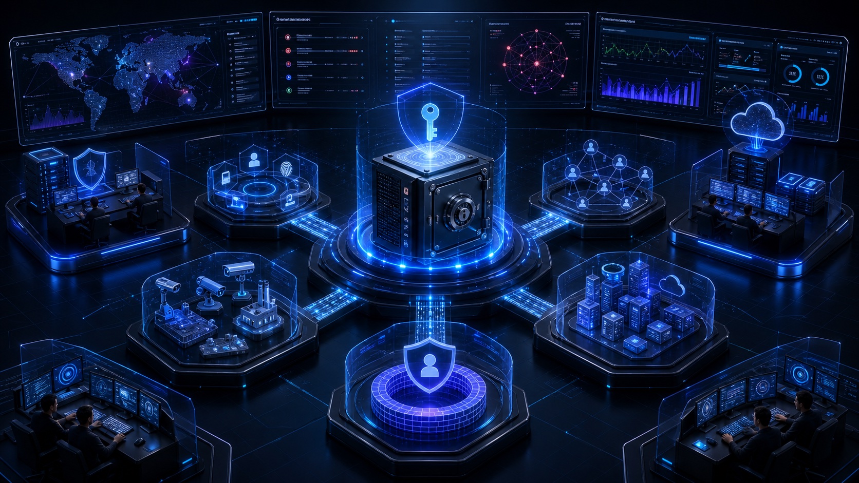 Enterprise security and observability infographic with SIEM, NAC, IoT and OT visibility, zero-trust controls, and hardware key vault