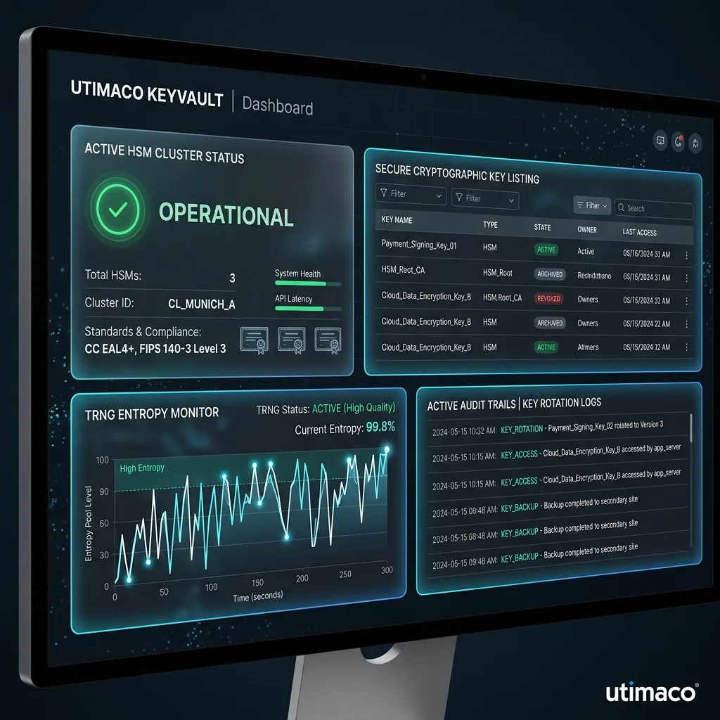 Utimaco Keyvault cryptographic key hardware security module (HSM) cluster cockpit dashboard showing keys listing, entropy logs, and audit trails