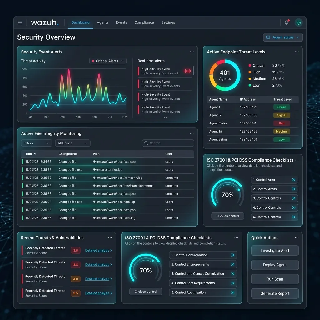 Wazuh Security Platform SIEM/XDR security operations center dashboard showing threat events activity, active endpoint levels, and compliance controls dials
