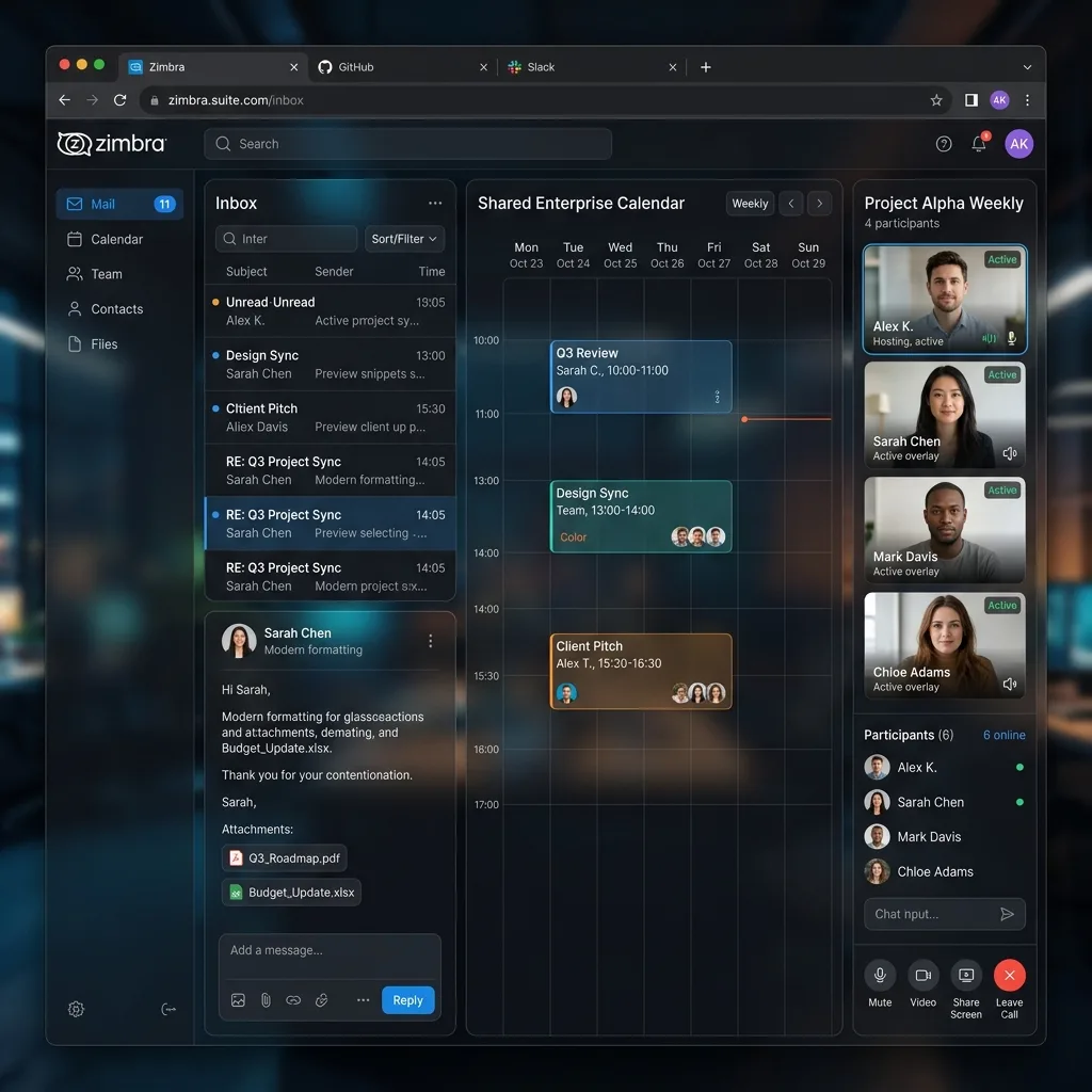 Zimbra Collaboration Suite interface displaying high-reliability inbox listing, shared enterprise calendar, and live team video call sidebar session