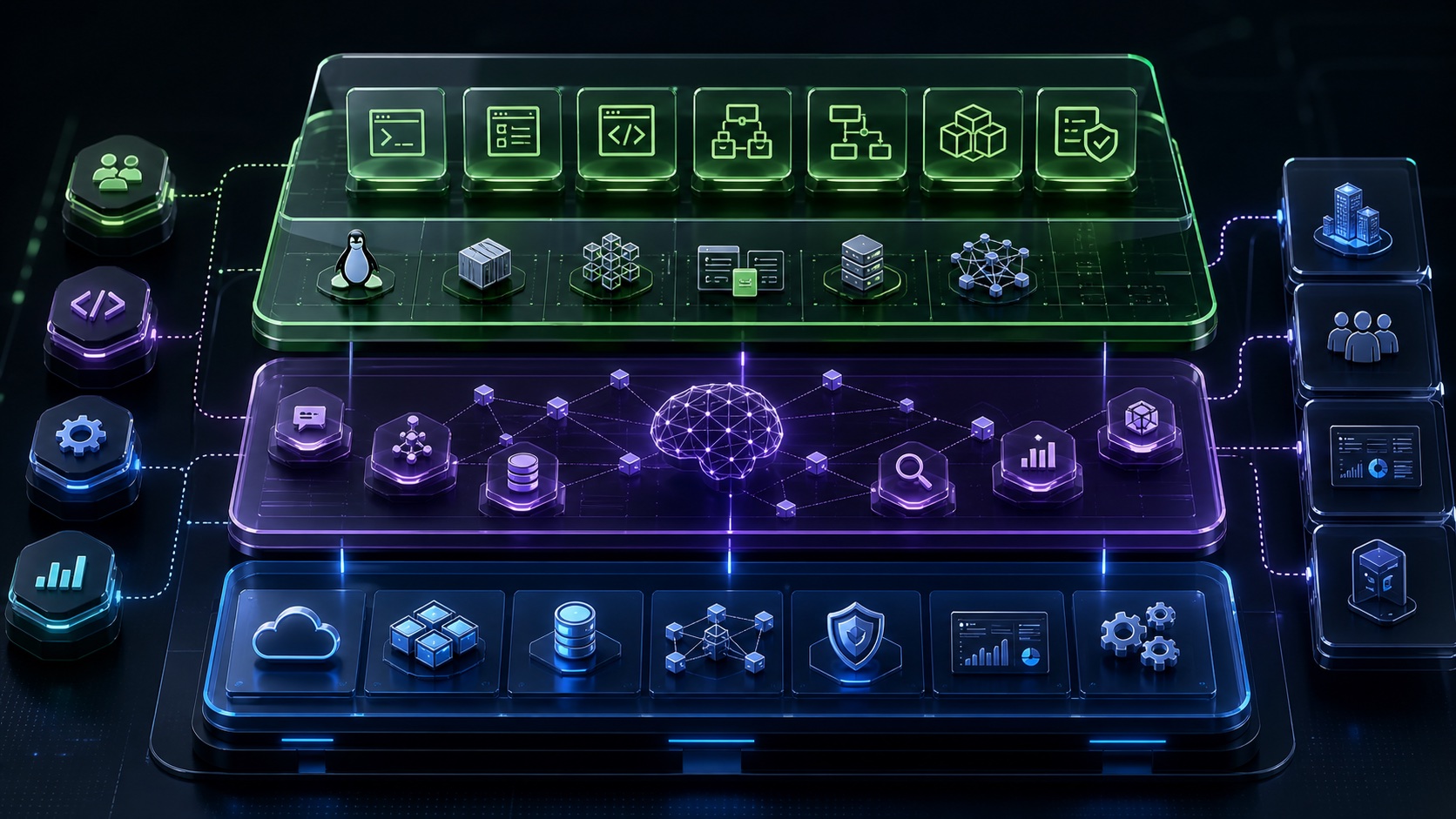 Technology capabilities catalog infographic with software engineering, AI, cloud, security, and enterprise app modules