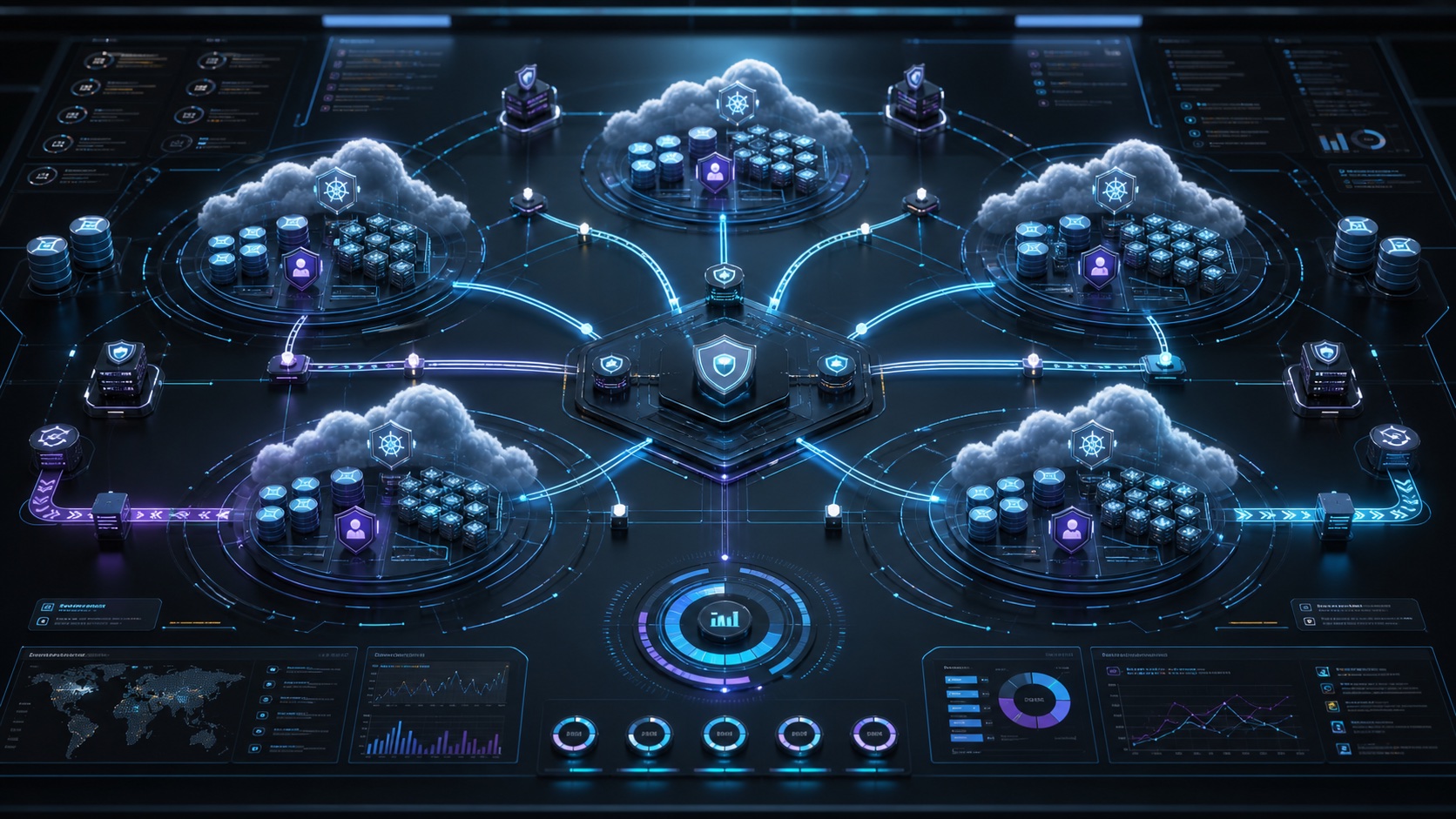 Multi-cloud topology infographic with landing zones, Kubernetes clusters, storage, IAM, and migration lanes