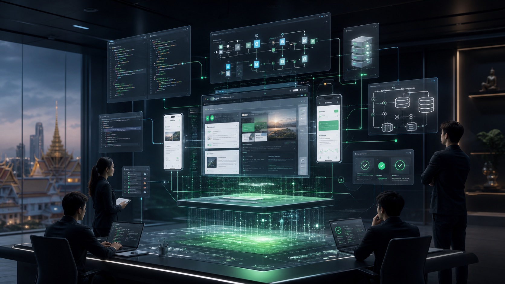 Custom software engineering infographic with application modules, APIs, and delivery pipelines