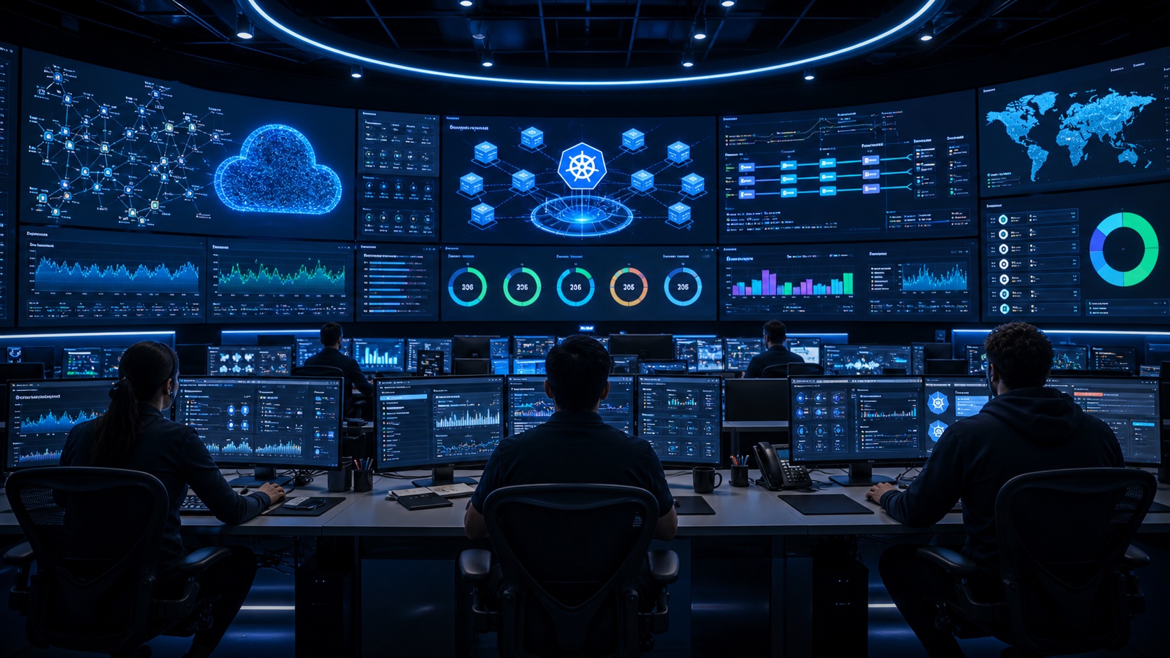 DevOps and SRE operations center infographic with monitoring dashboards and incident response signals