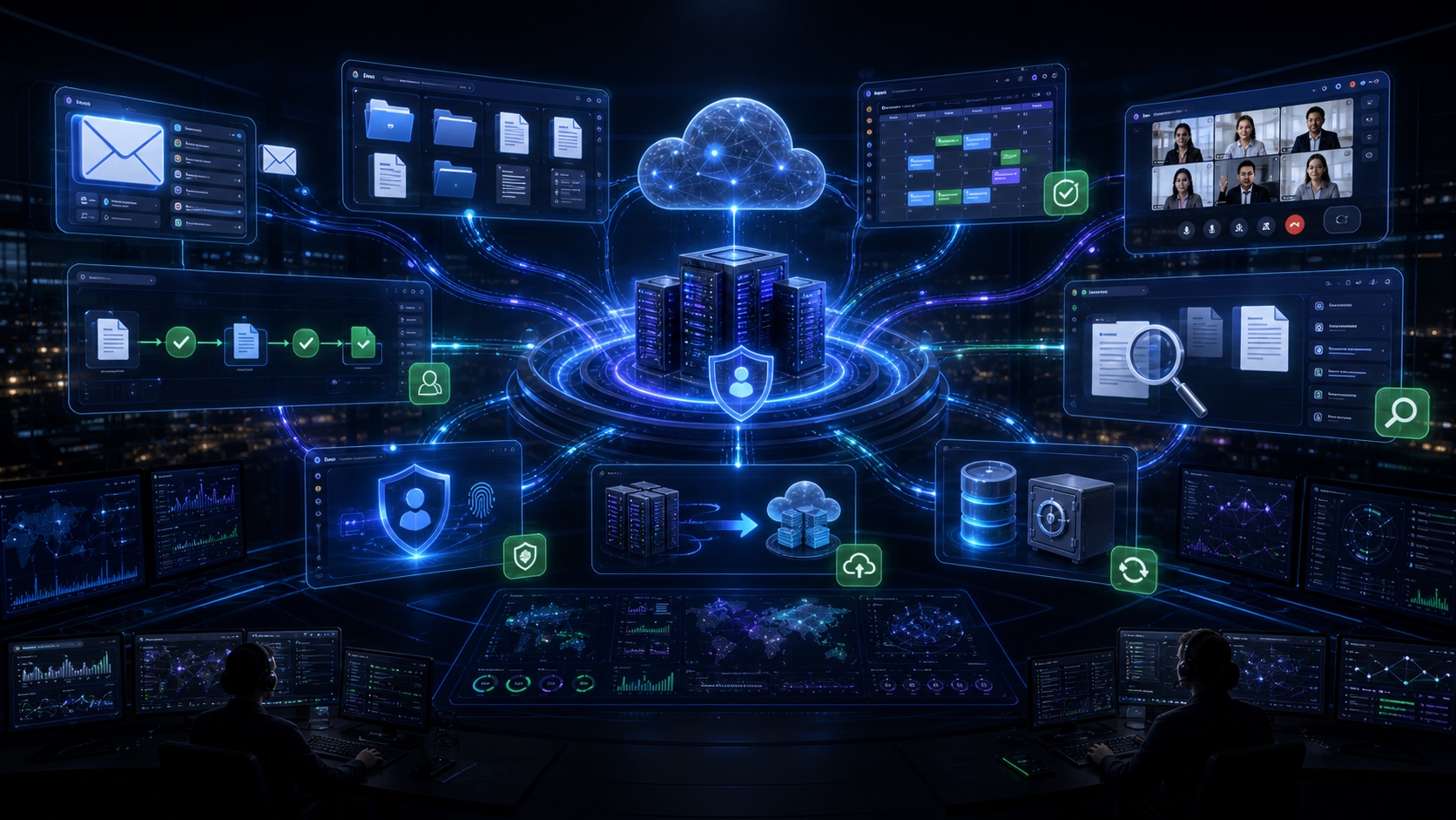 Digital workplace platform infographic with email, files, meetings, calendar, search, and document workflow connected to managed infrastructure
