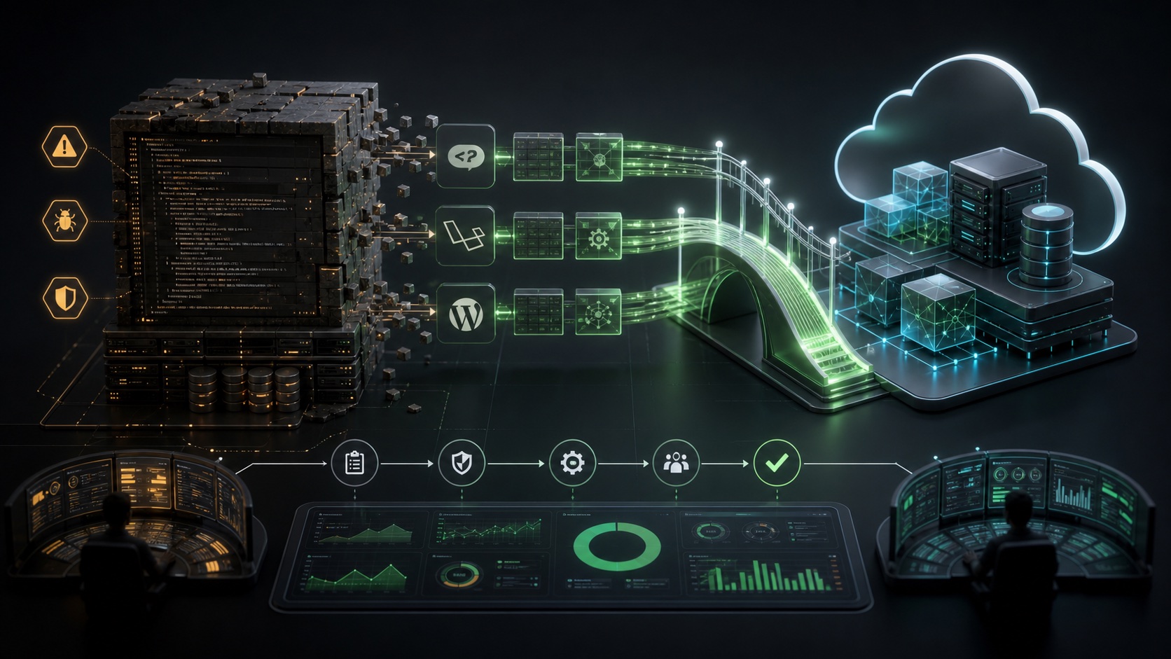 Legacy modernization infographic showing old application modules transformed into modern architecture