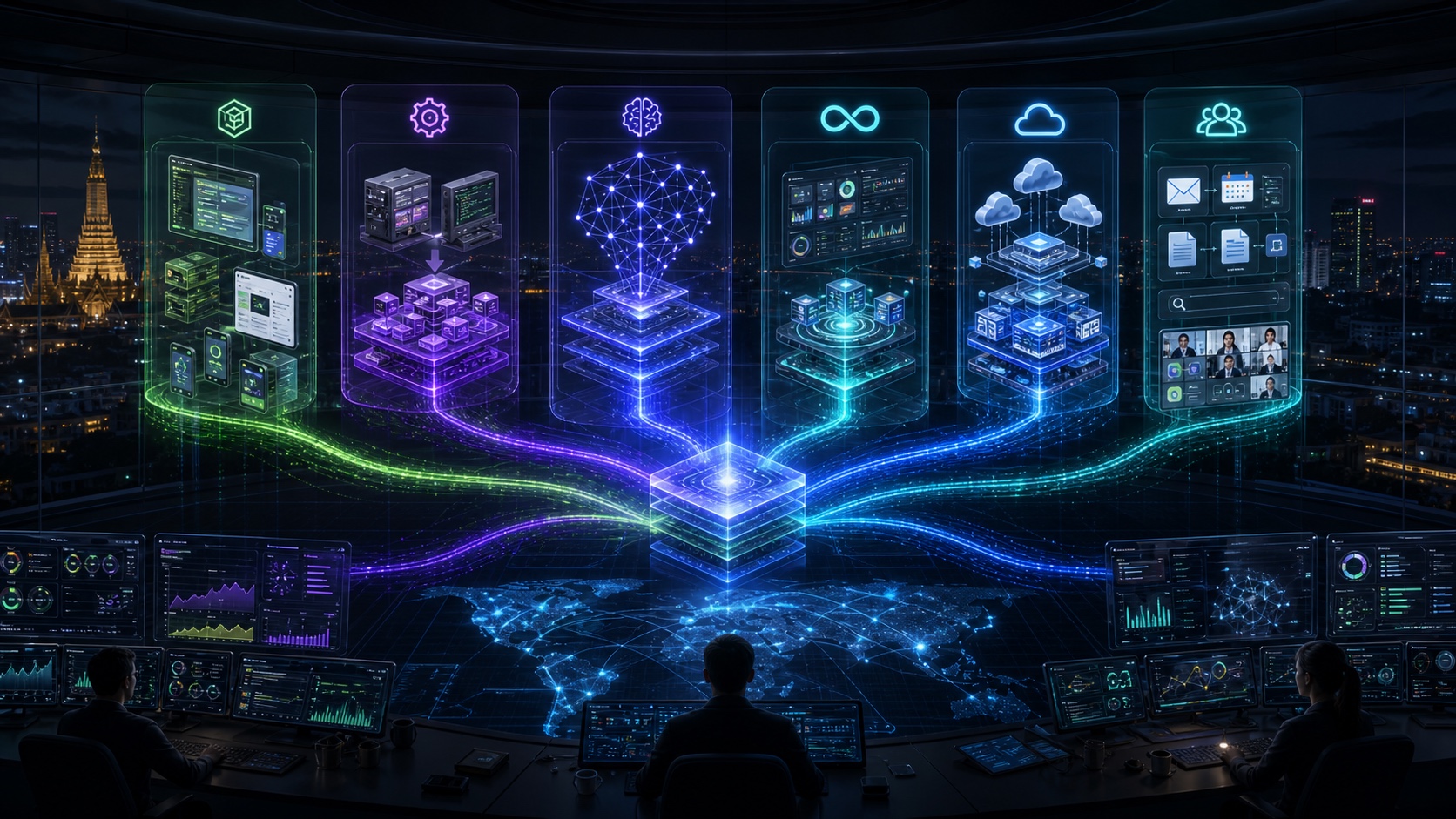 UNIXDEV services overview infographic showing software, legacy modernization, AI, DevOps, cloud, and digital workplace streams converging into production operations